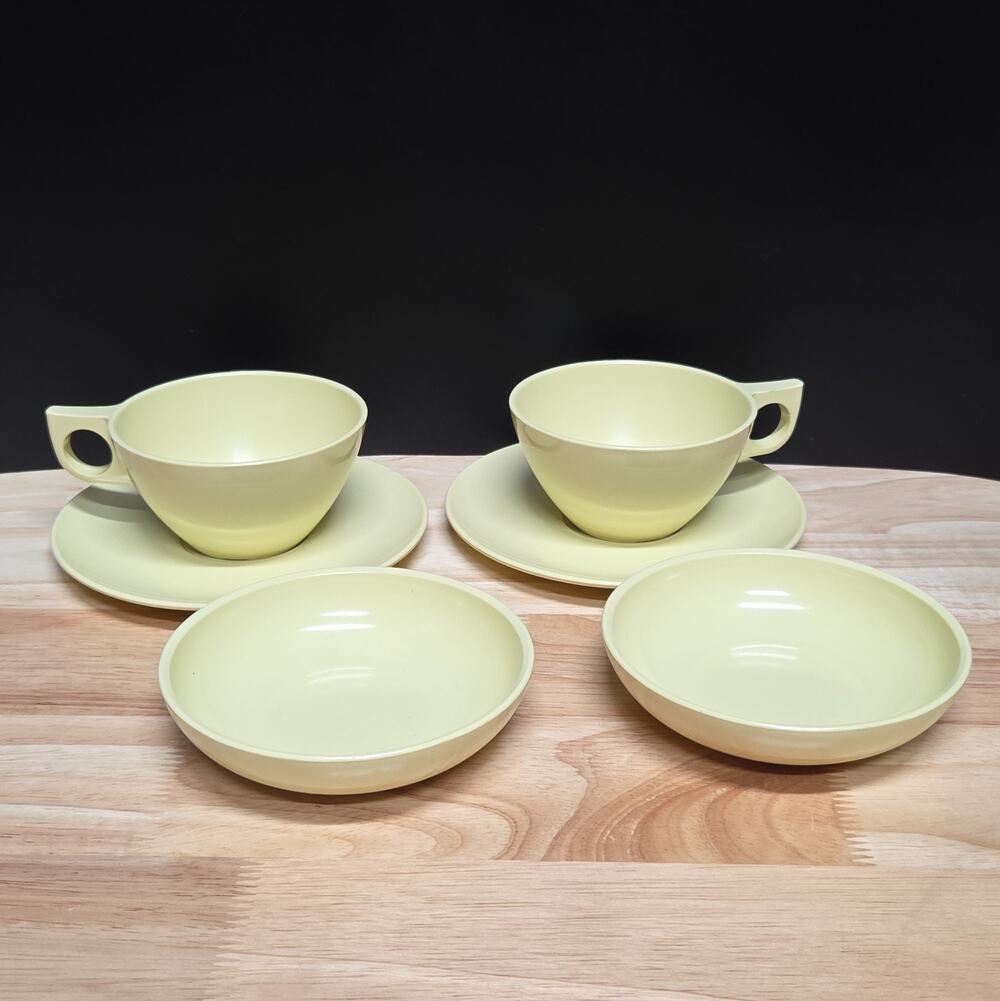 Westinghouse Newport Melmac Pale Yellow Cup Saucer Fruit Bowl Set of 2 USA